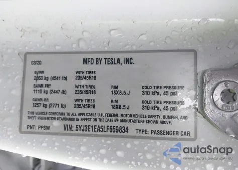 2020 Tesla Model 3 Standard Range Plus Rear-Wheel Drive/Standard Range Rear-Wheel Drive из США, поврежденный, VIN 5YJ3E1EA5LF659834